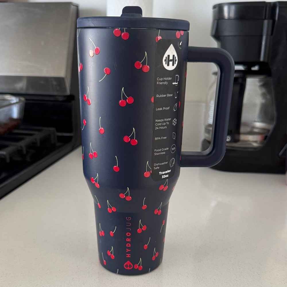 HydroJug Navy Tumbler with Red Cherry Pattern